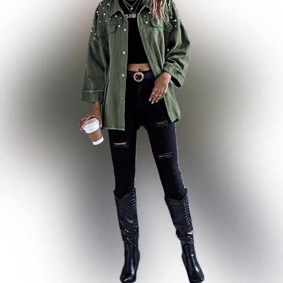 NWOT - La La Factory | army green | raw edges | accent faux pearls | Size Small - Picture 6 of 7